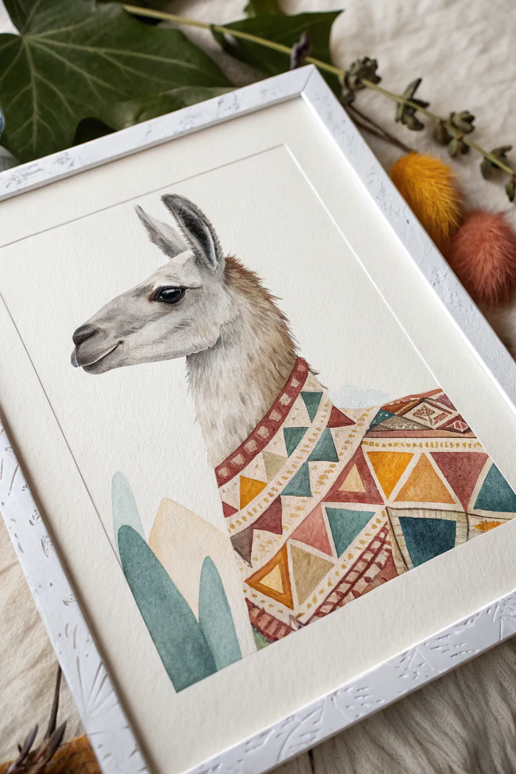Paint a simple llama with a cozy boho blanket using easy shapes and clean Scandinavian style.