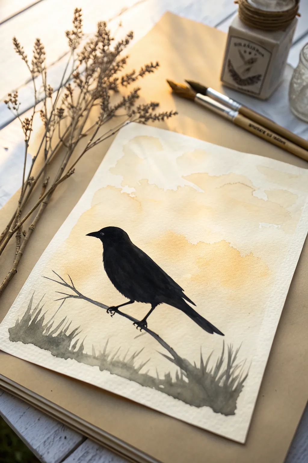 Clean-edged stencil bird silhouette on a softly textured wash, minimalist Scandinavian boho contrast.