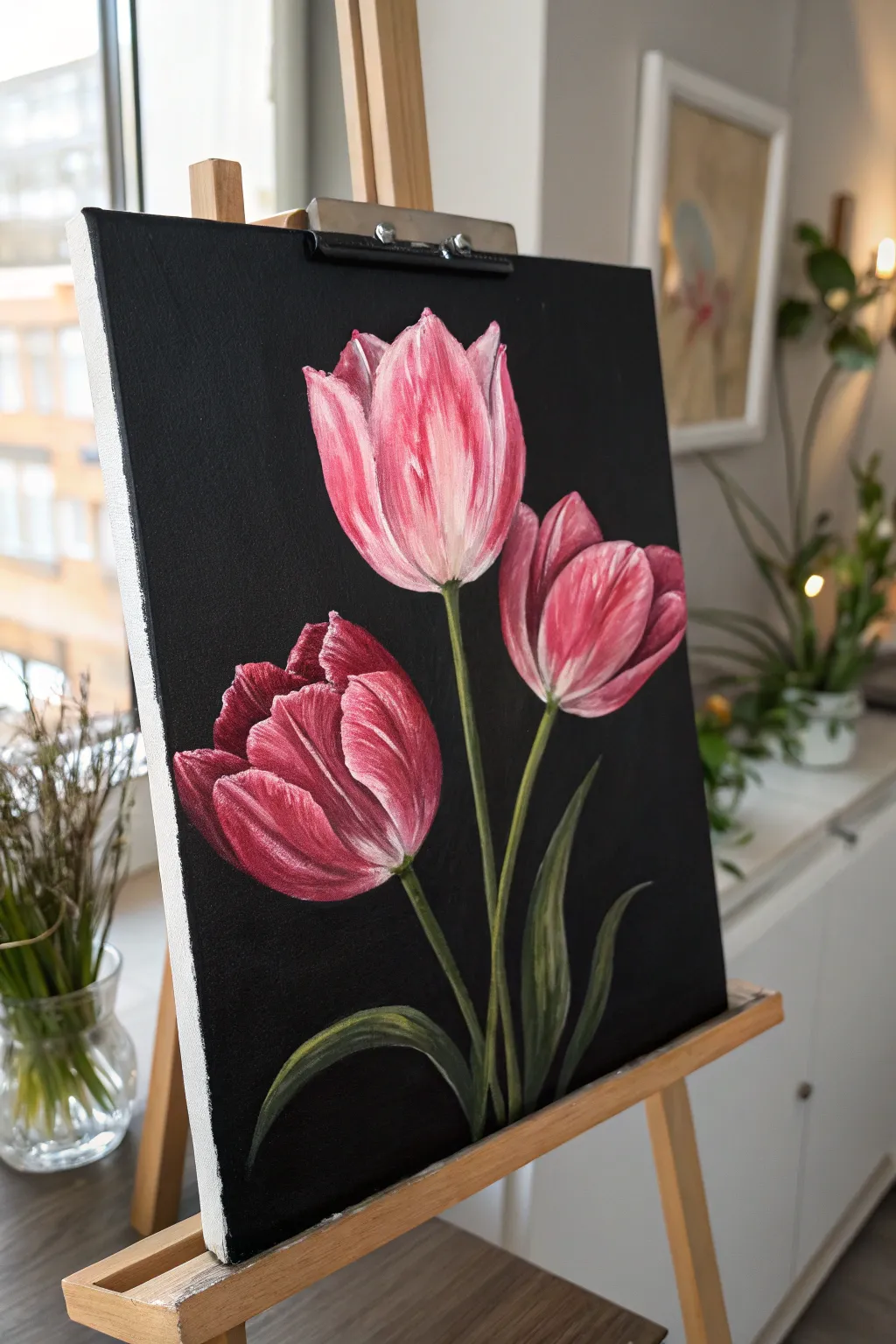 Bold double-loaded tulips on black canvas, high-contrast petals with clean minimalist impact