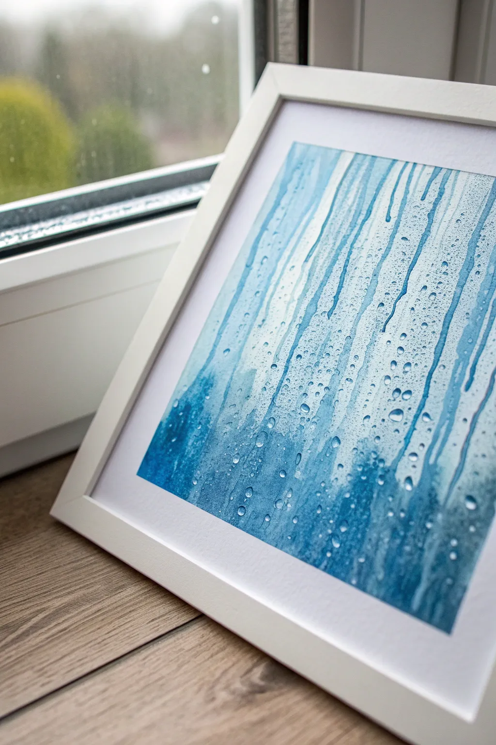 Abstract blue rainy window wash with soft drips and bright droplets for easy watercolor practice