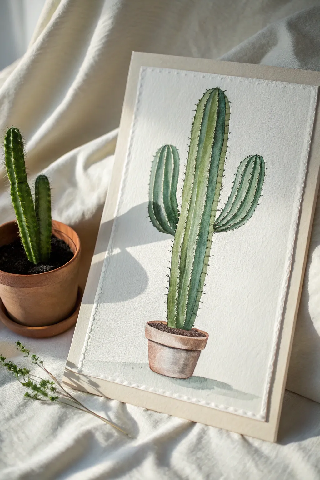 Monochrome green cactus study with easy shadow bands for a calm, modern beginner painting.