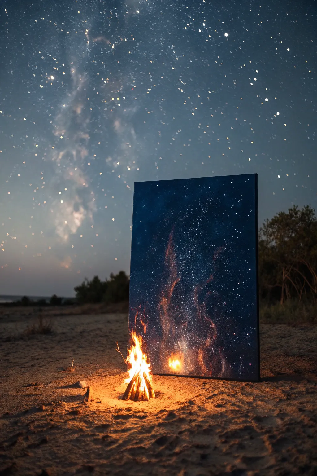 Campfire under a starry night: an easy, minimalist canvas idea with warm glowing flame strokes.