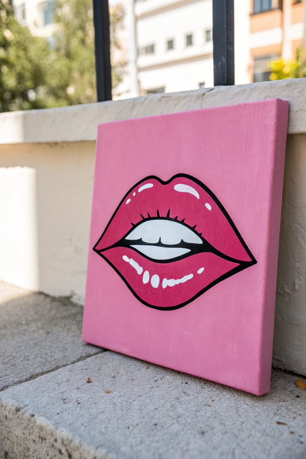 Pop art lips on hot pink canvas, crisp black outline and simple highlights for striking contrast