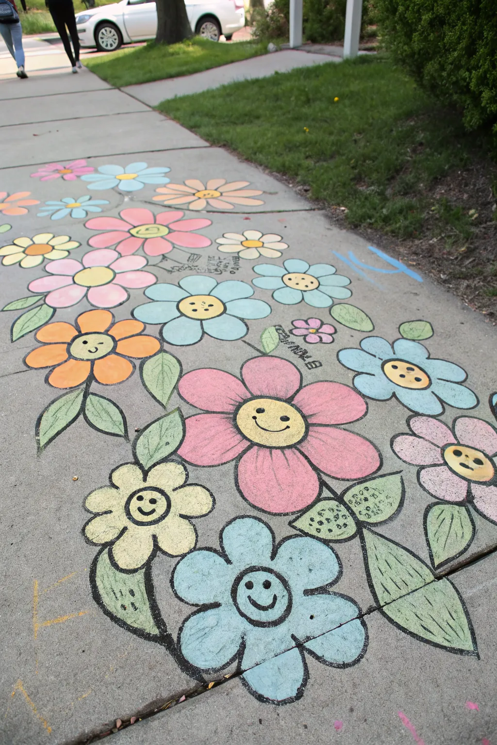 Flower patch of smiling chalk blooms, bold outlines and bright petals on calm concrete