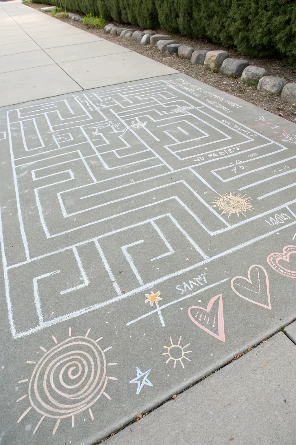 Chunky sidewalk chalk maze with cute doodles, perfect for kids to trace from start to finish.