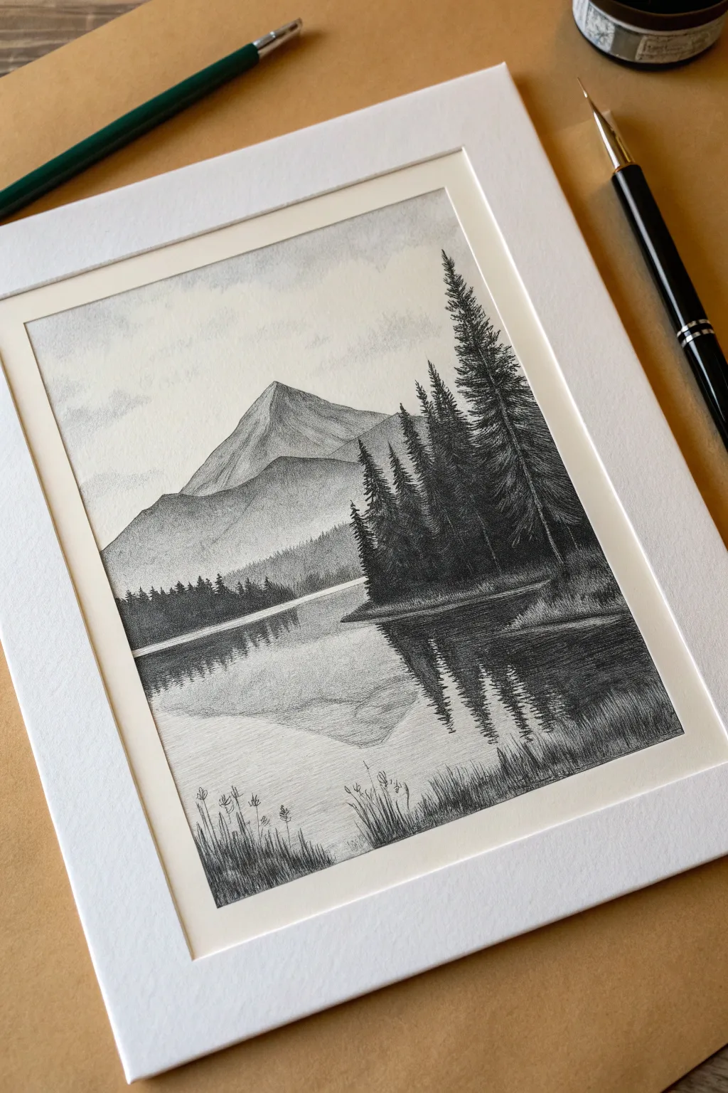 Calm charcoal lake reflection with soft vertical smudges, a minimalist landscape anyone can draw