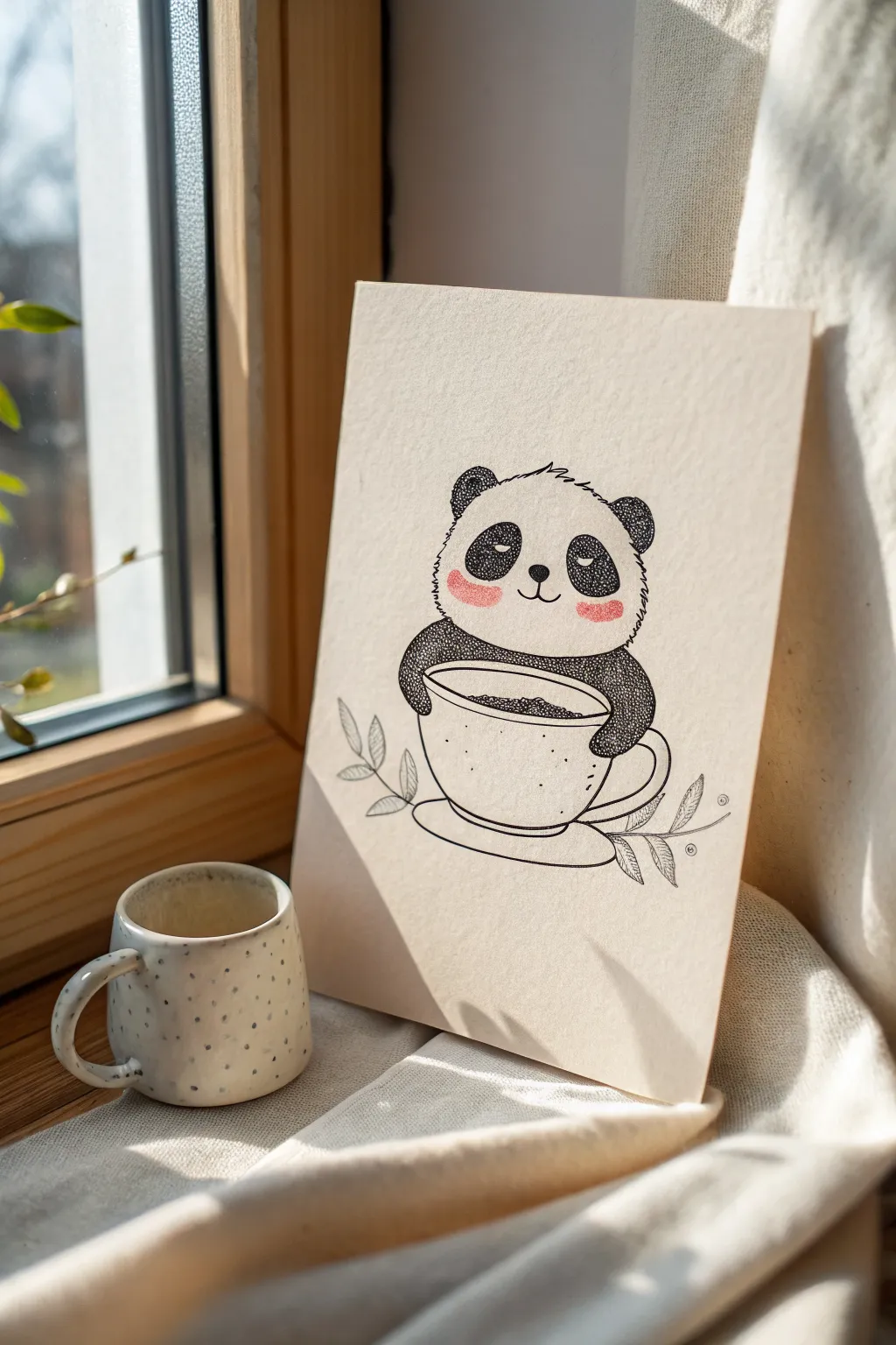 Adorable panda peeking from a teacup, simple lines and cozy minimalist vibes to draw today
