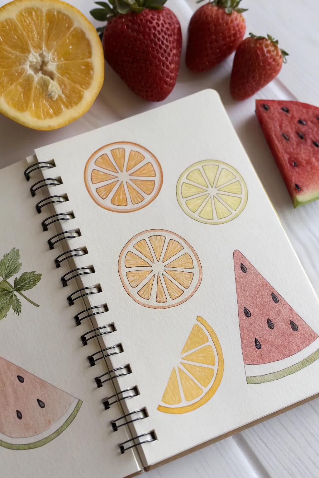 Simple fruit slices with easy patterns, minimalist Scandinavian palette, perfect drawing inspiration.