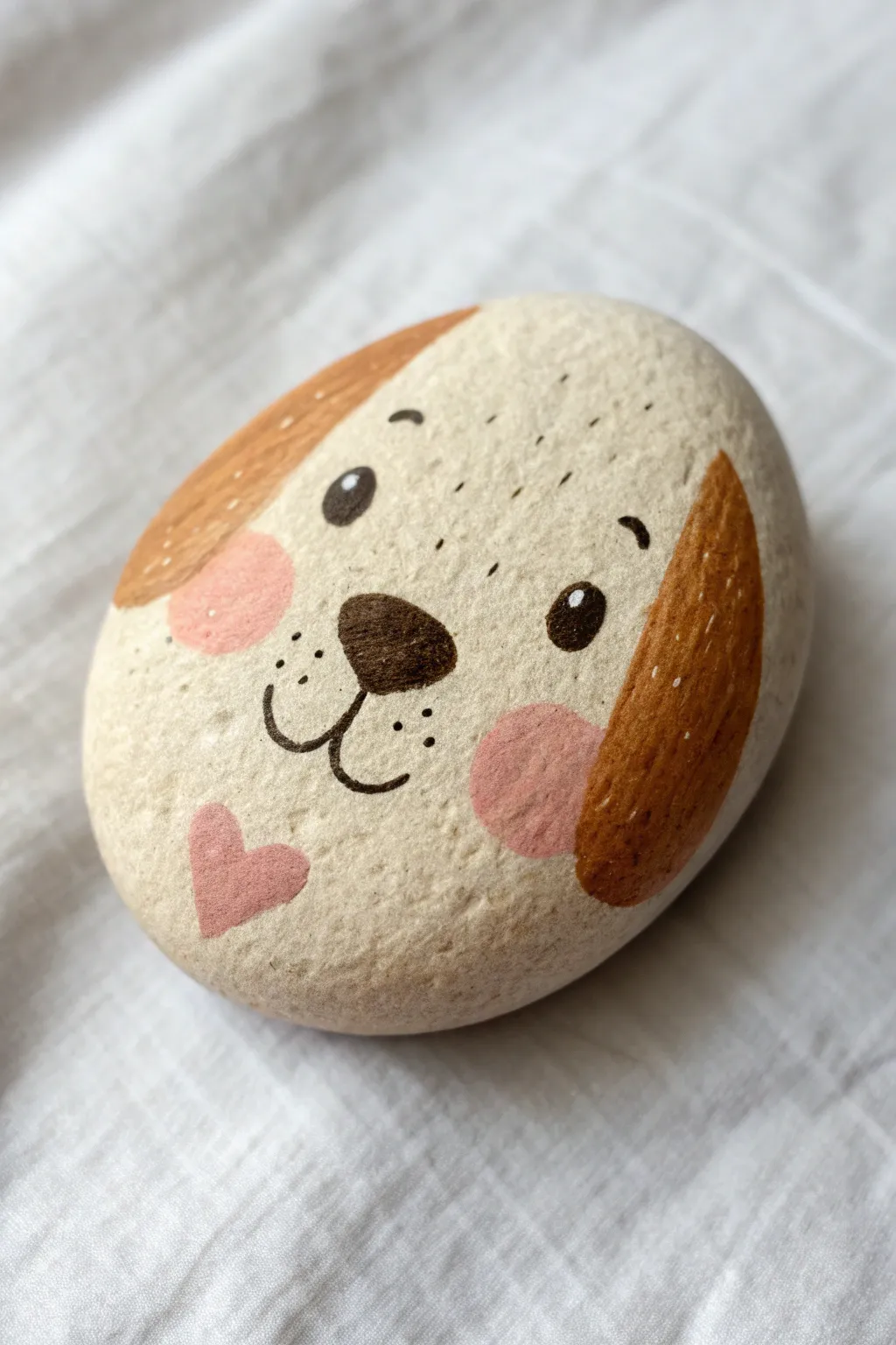 Sweet heart-nose puppy rock close-up in warm neutrals, perfect for easy dog rock painting ideas.