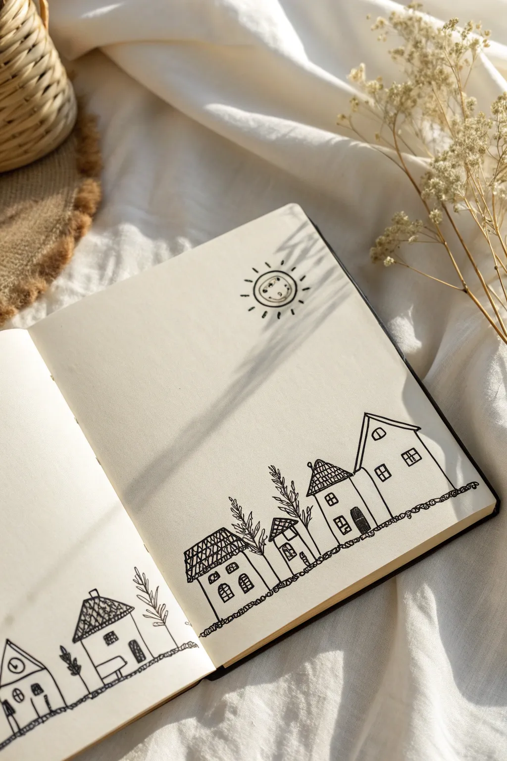 Mini house row doodle: clean black ink on creamy paper, minimalist and cozy for easy art ideas.