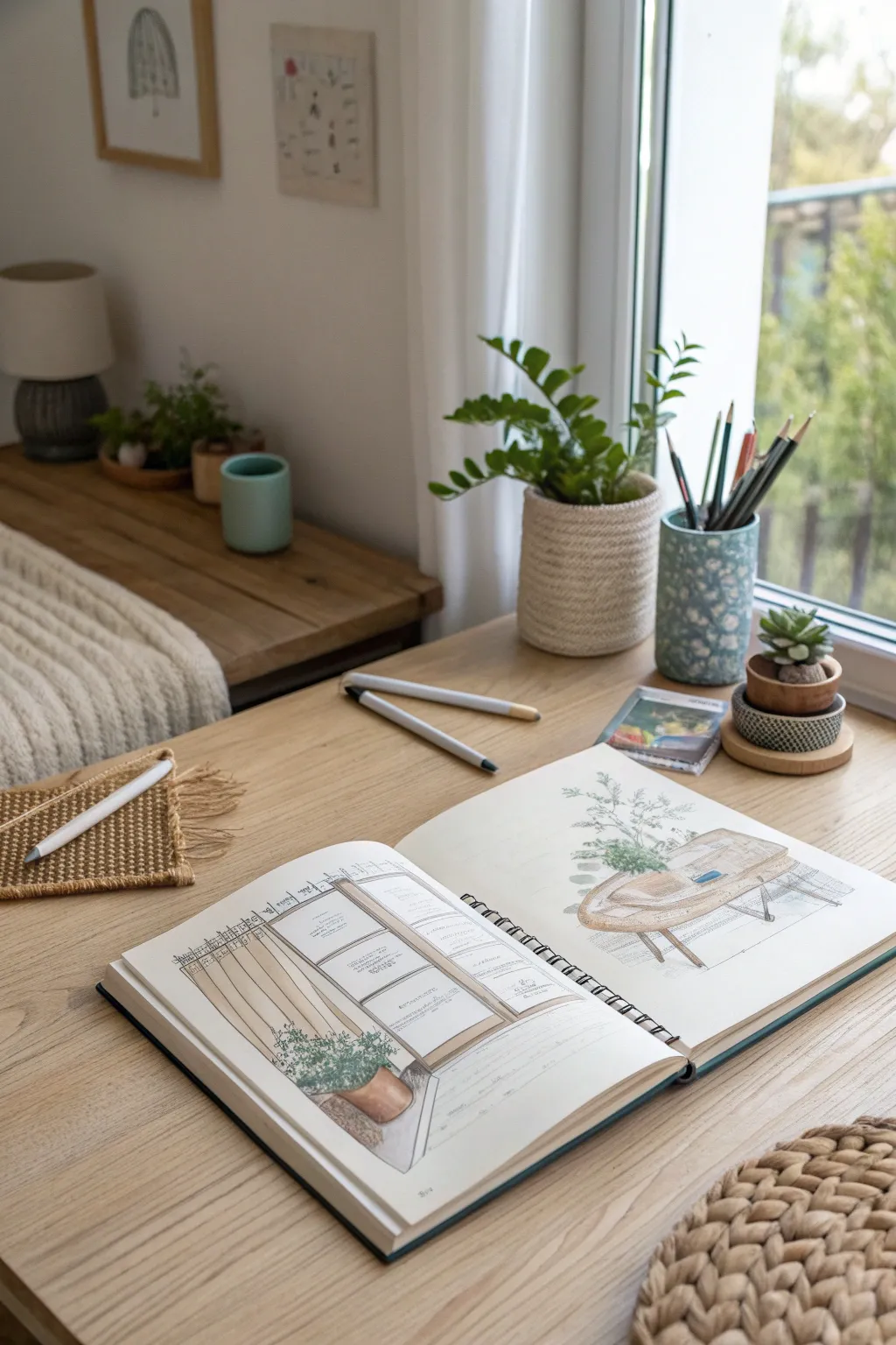 Cozy one point perspective room corner sketch idea, minimal lines and soft boho details