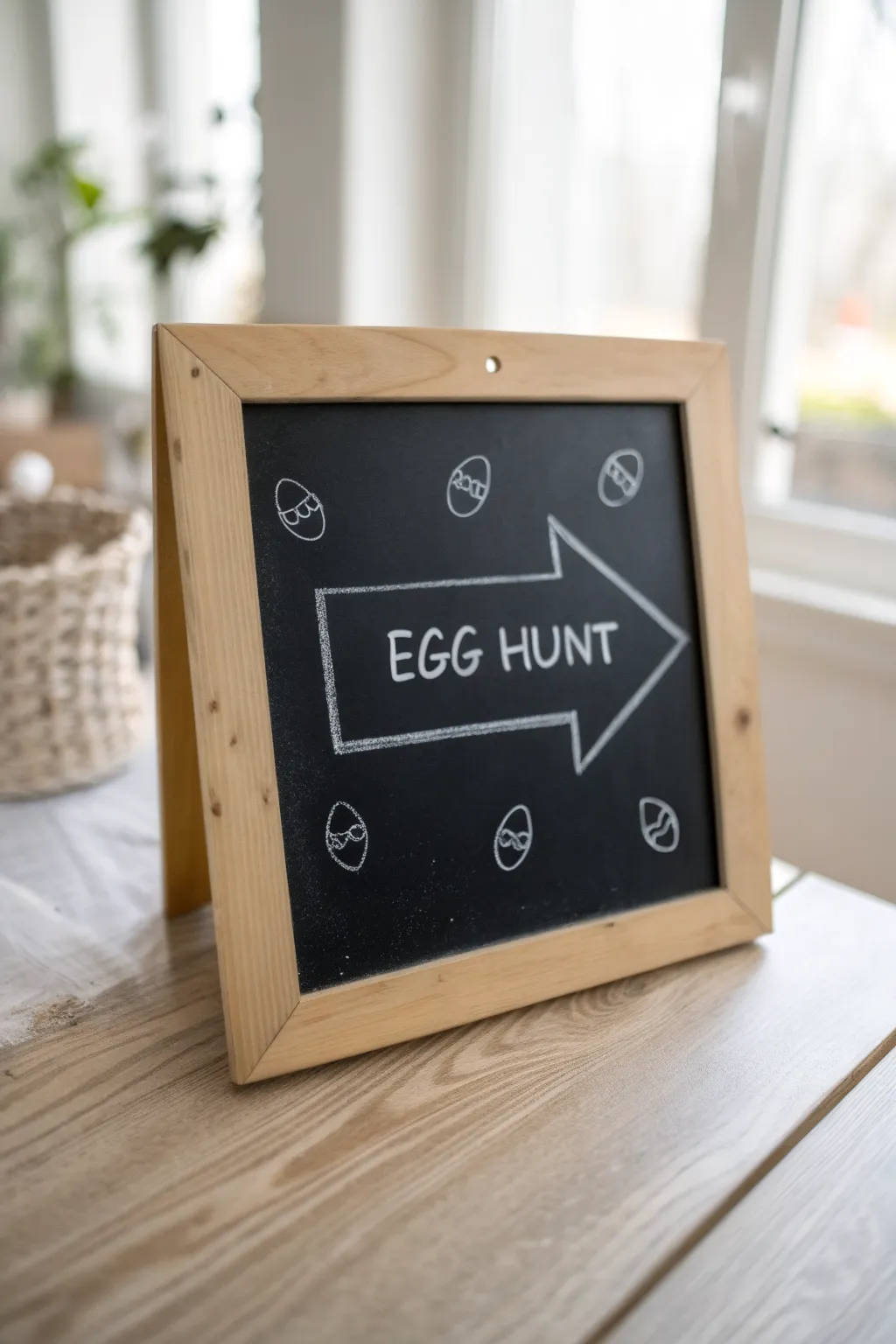 Minimalist Easter chalkboard arrow sign with Egg Hunt and tiny egg doodles, bold and readable