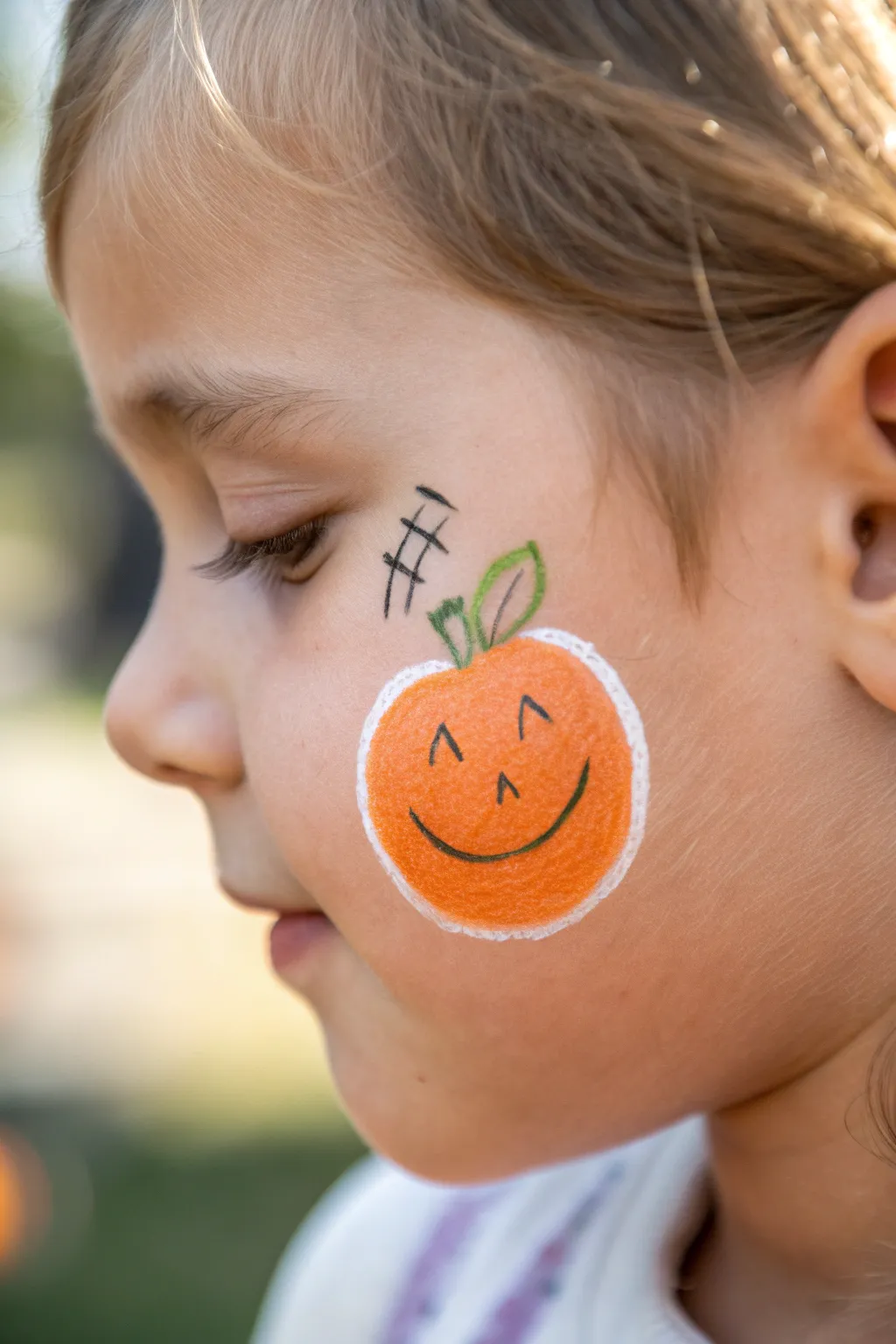 Mini pumpkin cheek patch: an easy kids face paint idea with clean shapes and cozy autumn tones.