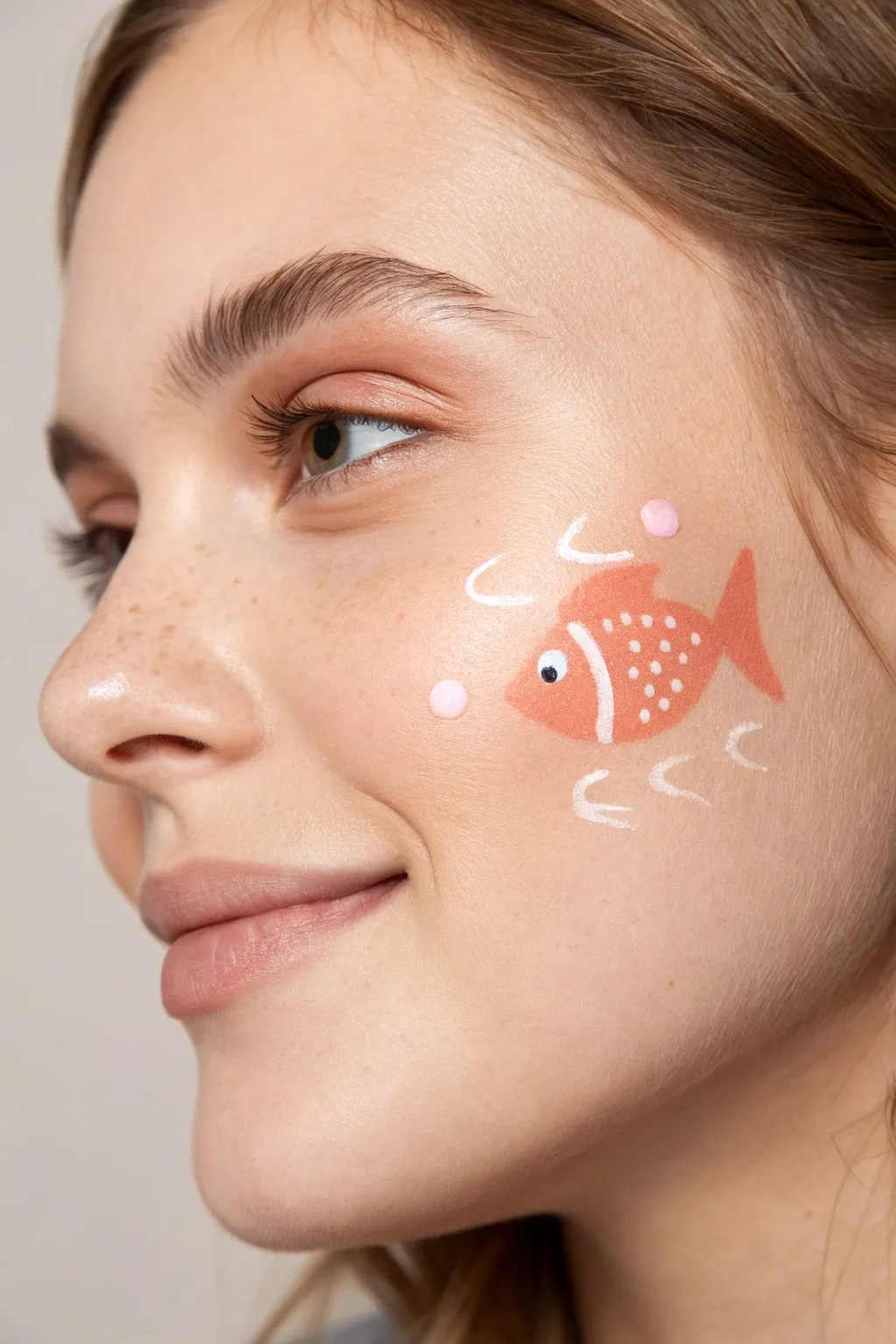 Minimal smiling fish cheek paint with soft bubbles, simple Scandinavian boho charm.