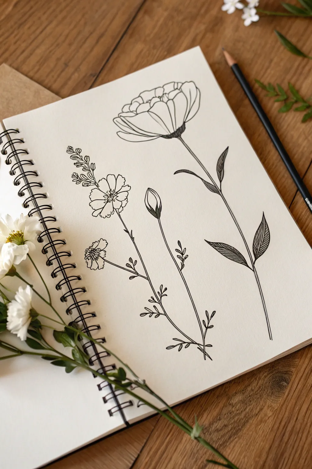 Four easy flower studies in clean line art: front bloom, side bloom, and simple buds.