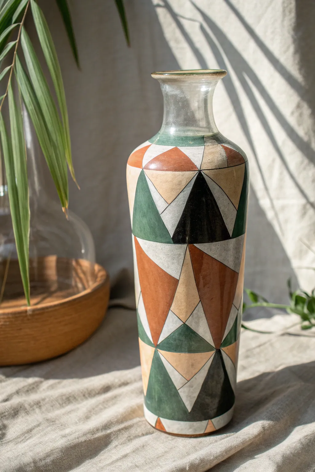 Modern glass painting: crisp color-block shapes on a minimalist vase with bold contrast