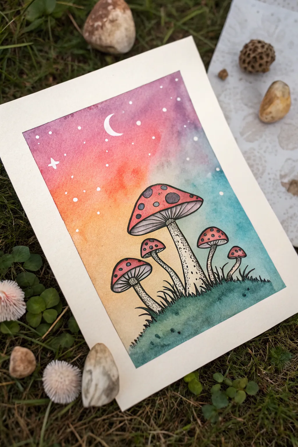 Trippy mushroom patch painting idea with bold outlines and a dreamy psychedelic gradient sky