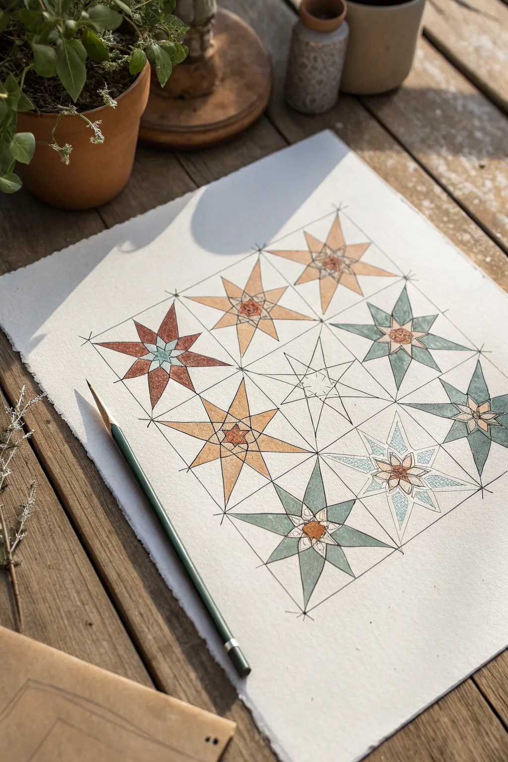 Easy grid-based Islamic star pattern in two colors, clean lines, perfect for beginner painting