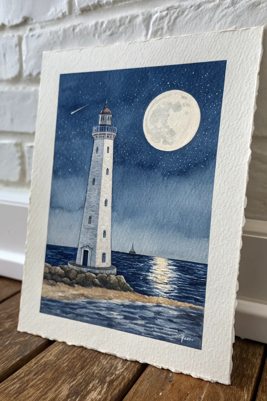 Moonlit lighthouse with a soft ocean glow and a shimmering reflection, minimal and calming.