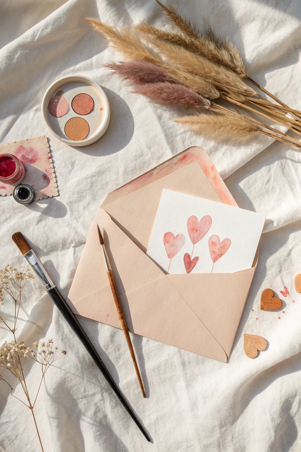Envelope-and-note heart collage painting with soft shadows, an easy romantic surprise for him.