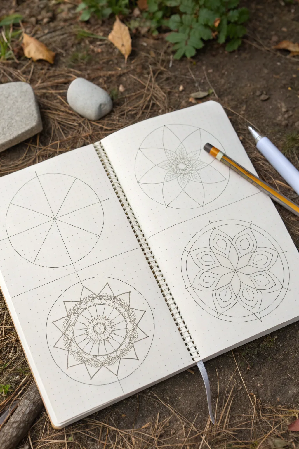 Draw a simple four-quadrant mandala using cross guidelines, repeating one easy motif evenly.