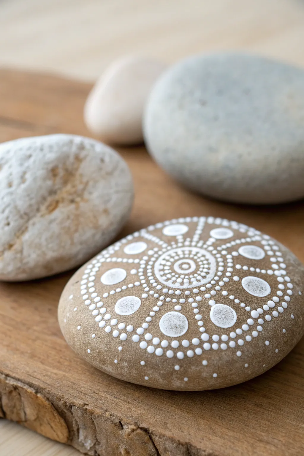 Off-center dot mandala on an irregular rock, proving any found stone can be beautiful.