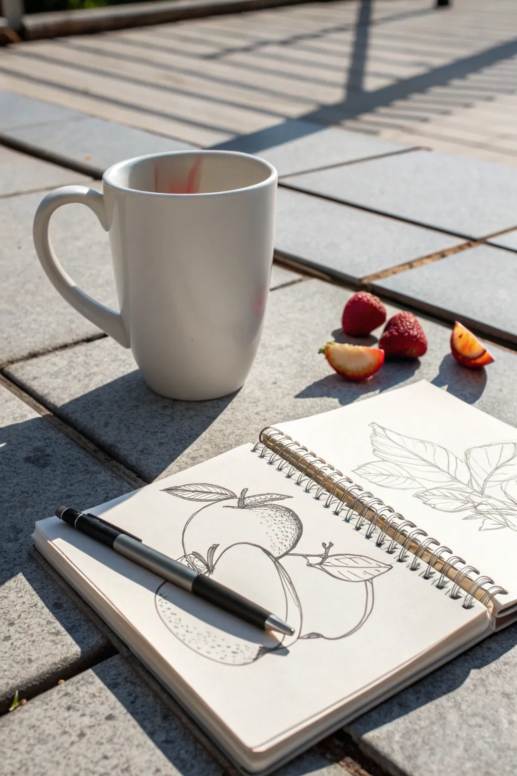 Easy marker still life: mug with a single fruit, one-tone shading and a grounding cast shadow.