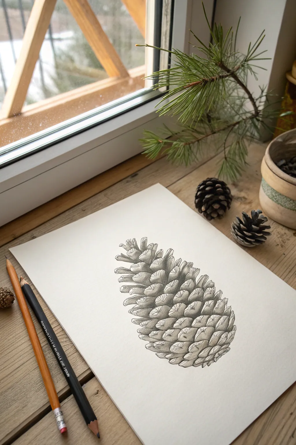 Minimal pinecone drawing with repeating patterns and soft shading, perfect for easy nature sketching
