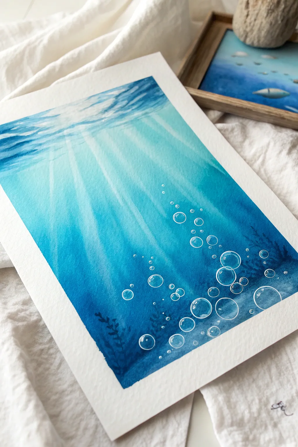 Underwater blue fade watercolor with soft bubbles, a soothing easy ocean painting idea.