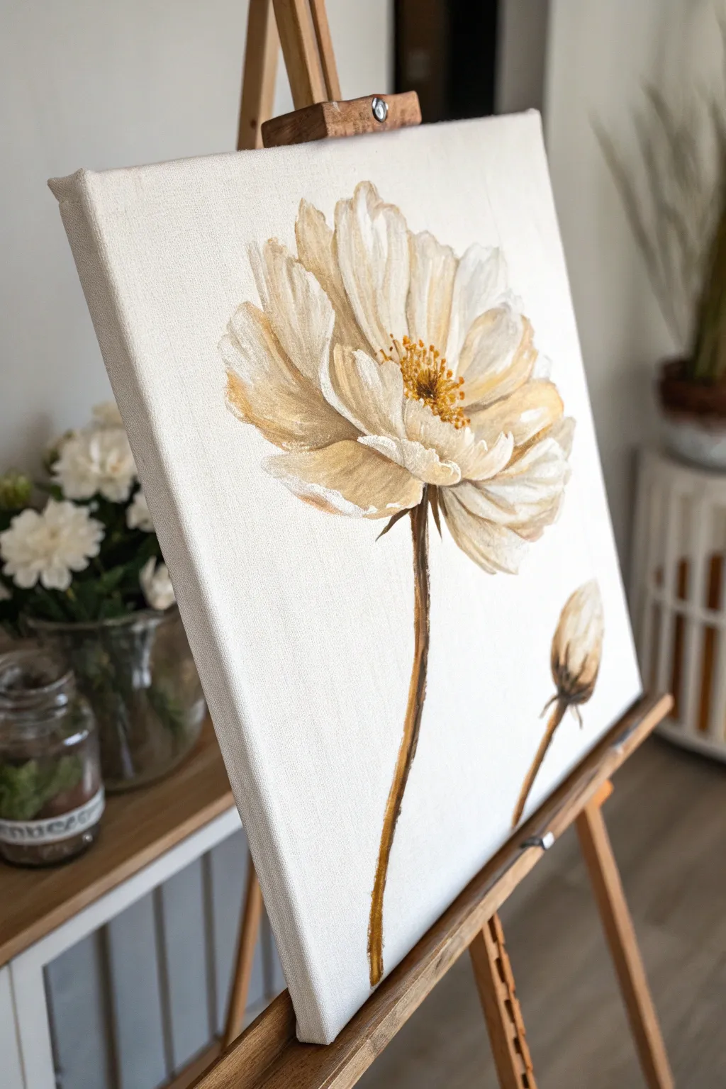 Paint one loose bloom on a stem—bold brushwork, simple backdrop, and calming minimalist vibes.
