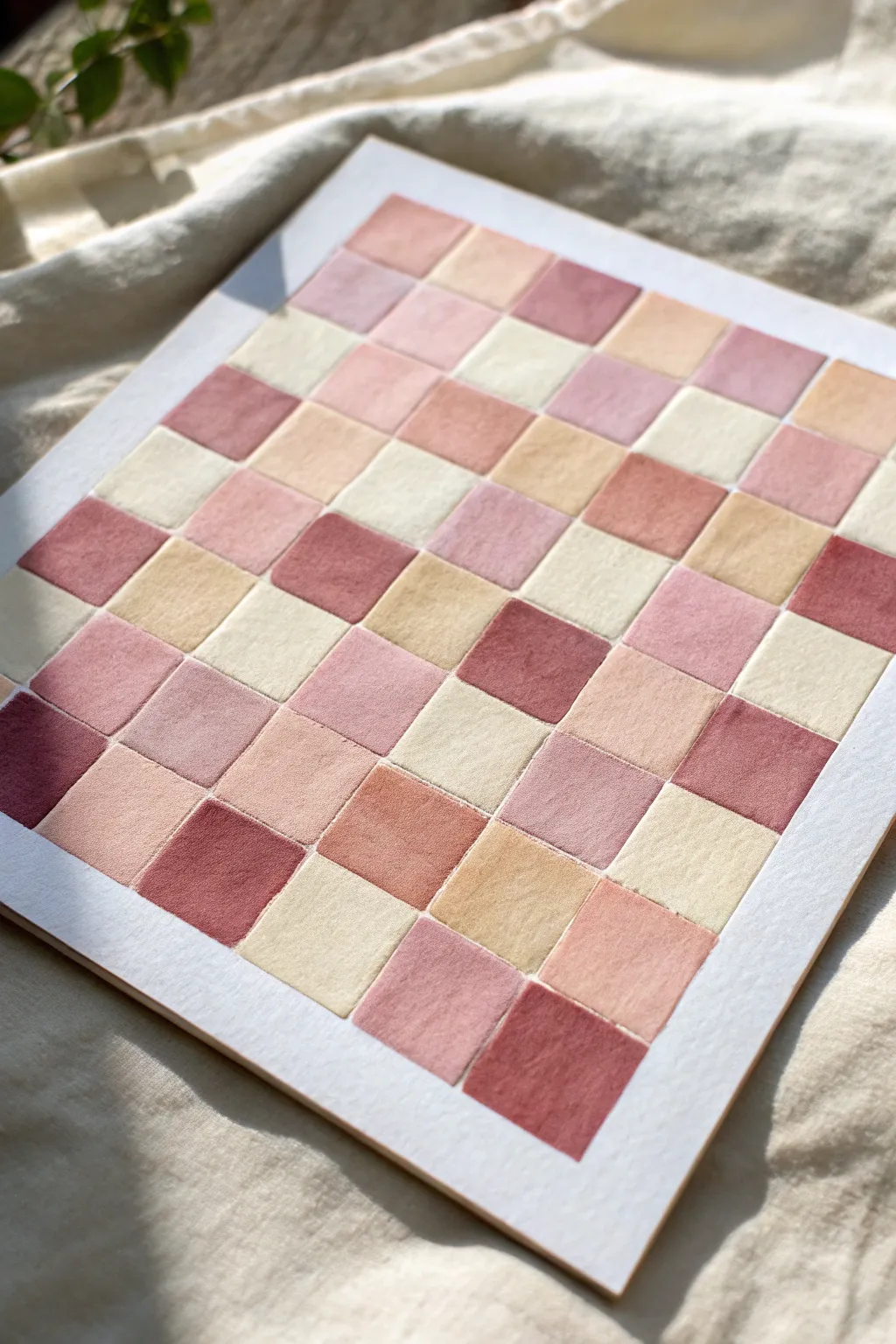 Muted pastel checkerboard with crisp edges for an effortlessly aesthetic, minimalist painting idea