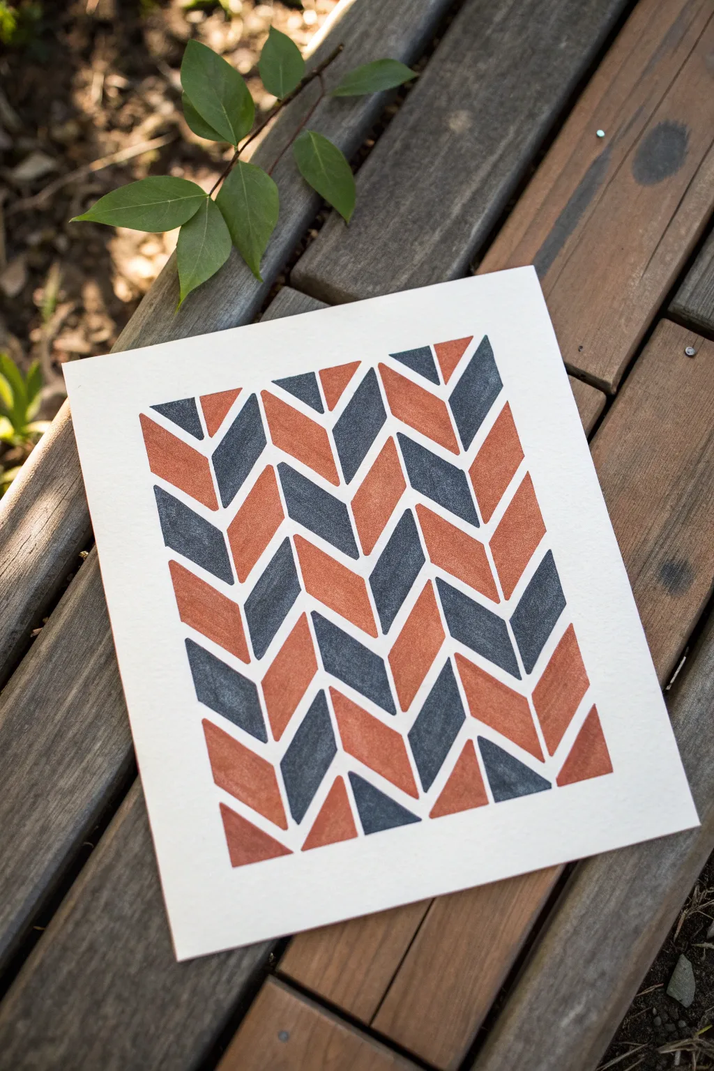 Crisp tape-resist herringbone in terracotta and charcoal, modern minimal pattern to paint at home.