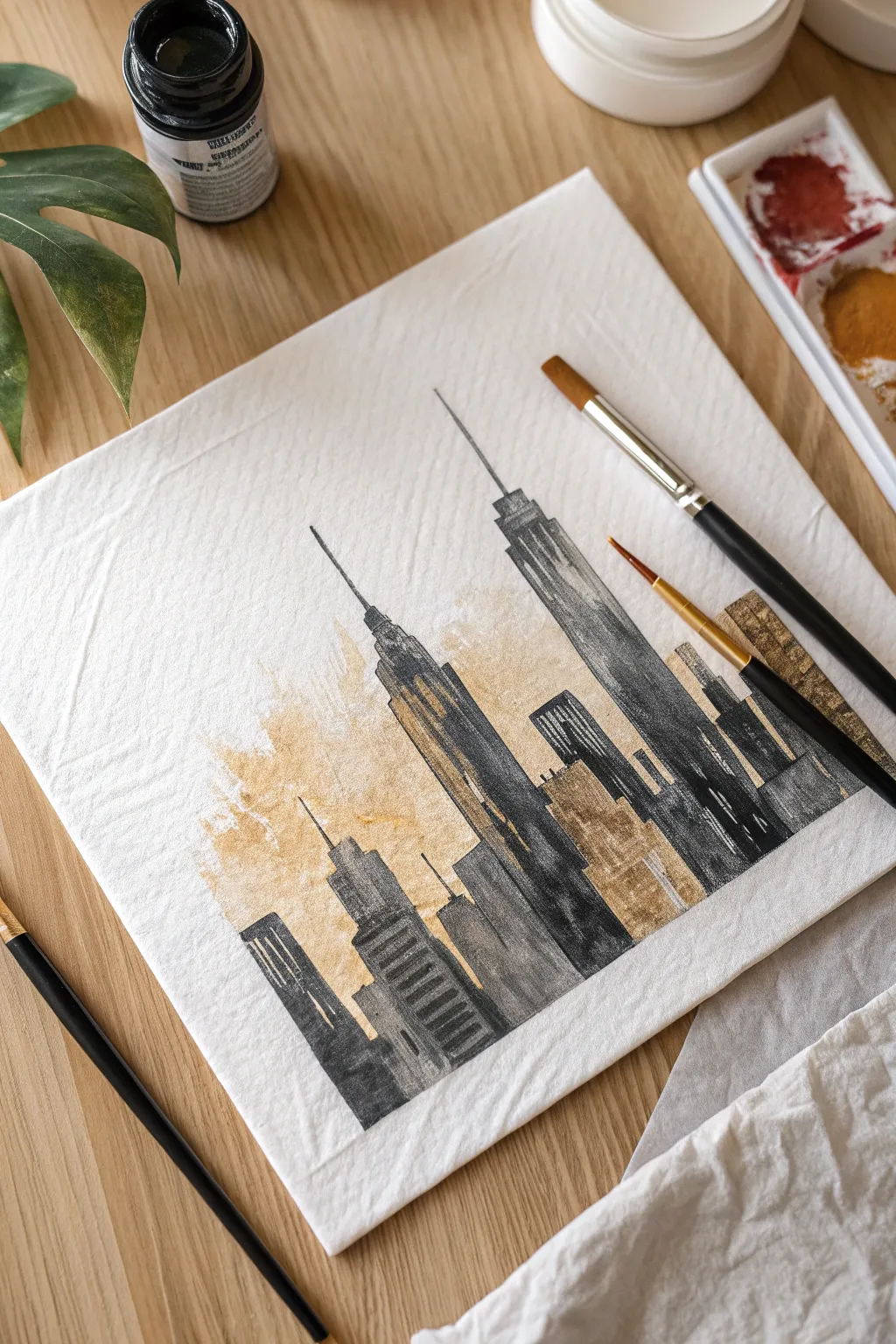 A simple scrape technique turns wet paint into a stunning modern abstract cityscape.
