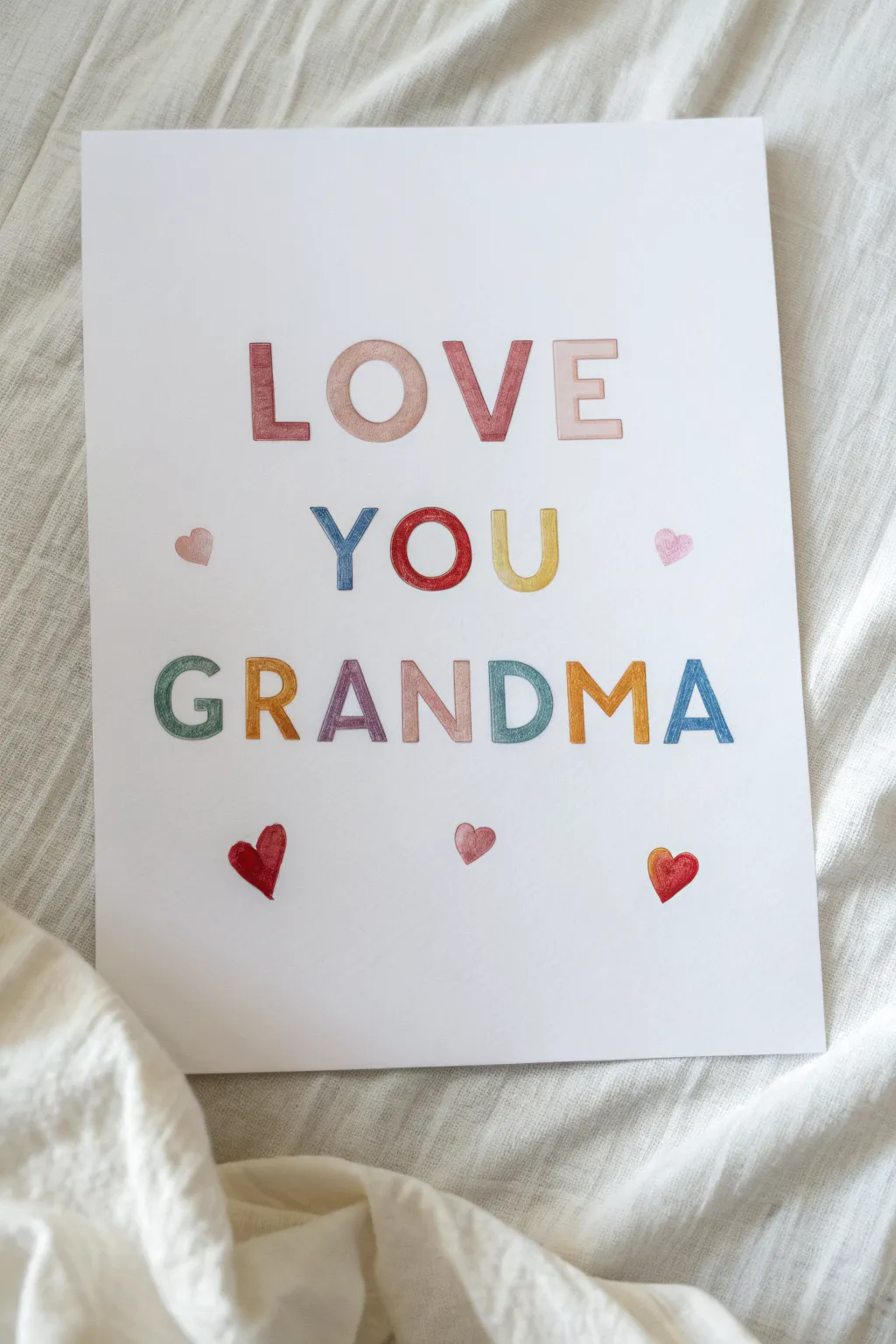 Sweet keepsake art: childlike painted message with tiny hearts on bright minimalist paper.