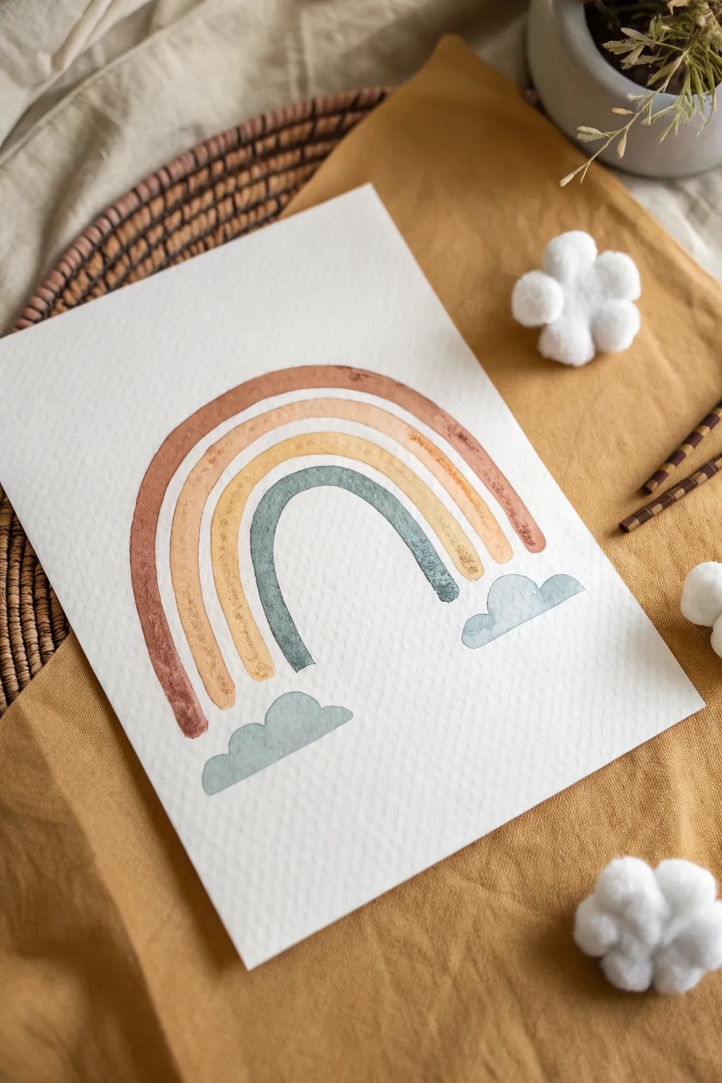 Chunky soft-blend rainbow with cloud puffs, a calming minimalist painting idea for beginners.