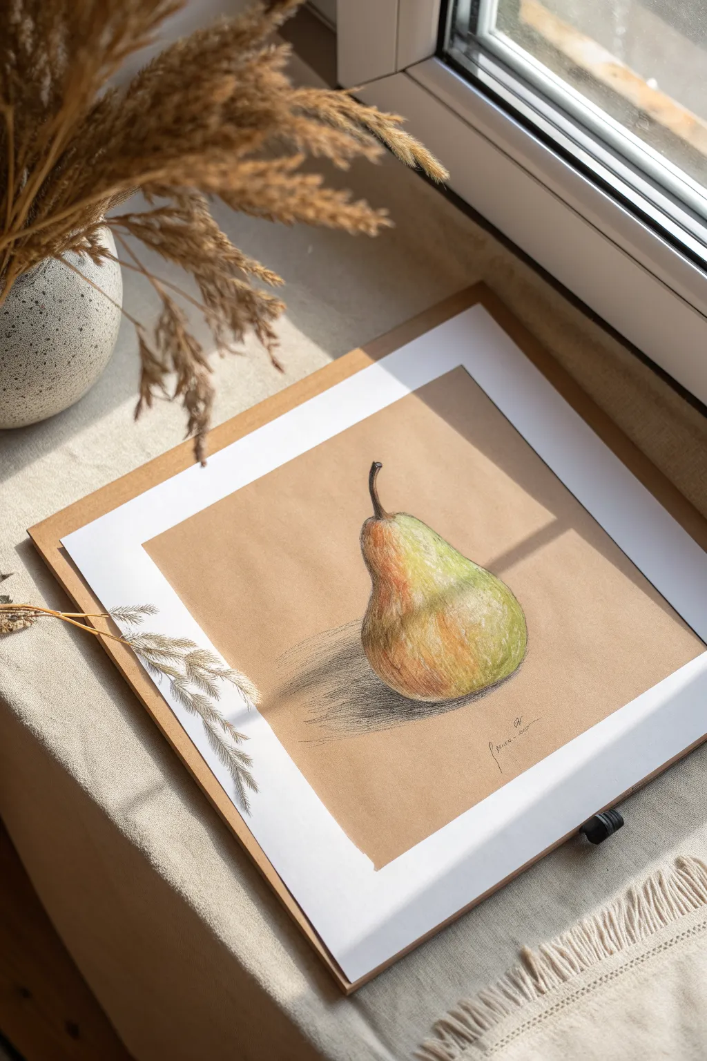 Soft pastel pear on mid-tone paper for instant depth and easy layering in minutes