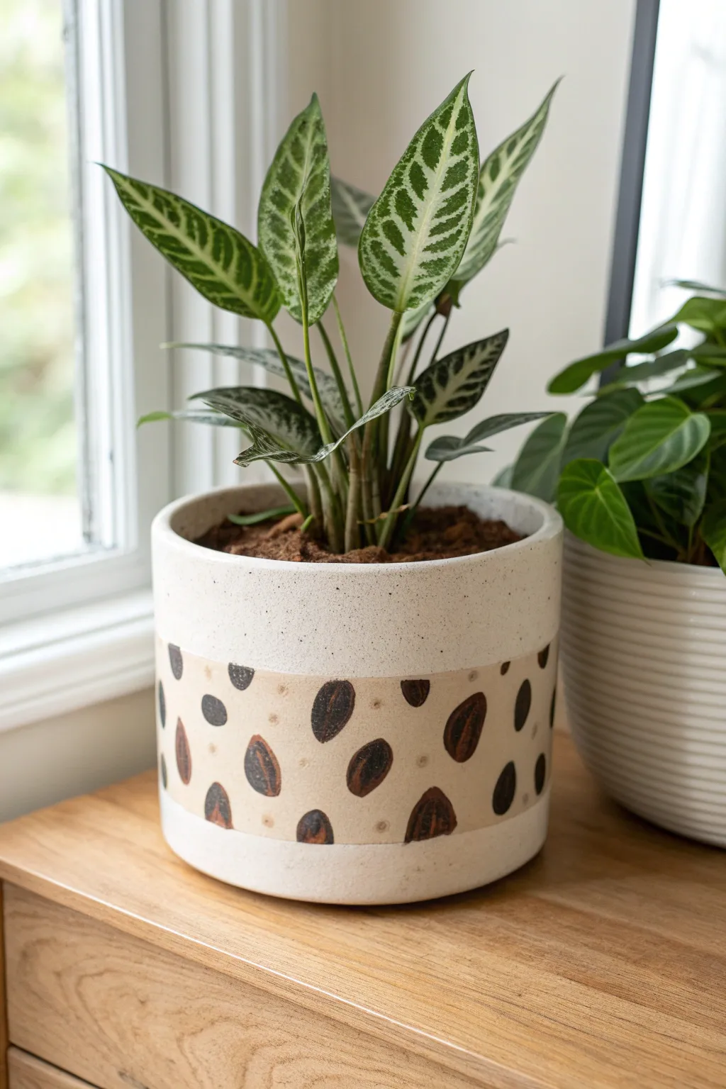 Simple animal print spots on a minimalist ceramic planter, perfect for easy pottery painting.