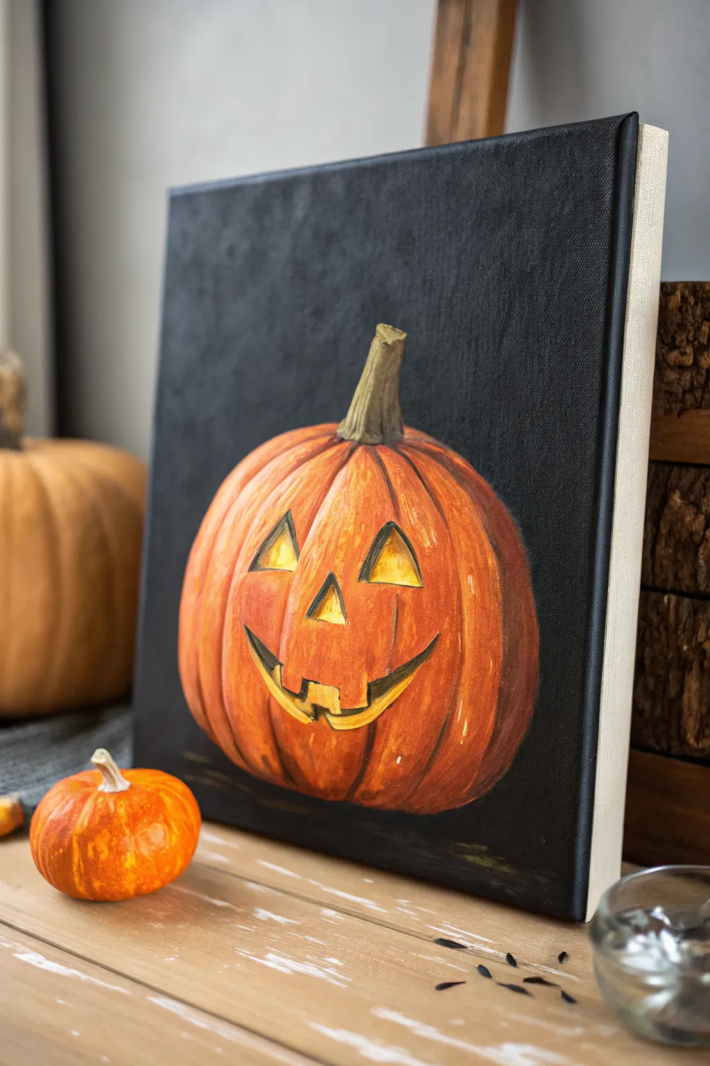 Easy jack-o-lantern pumpkin canvas painting with dark background and a gentle inner glow