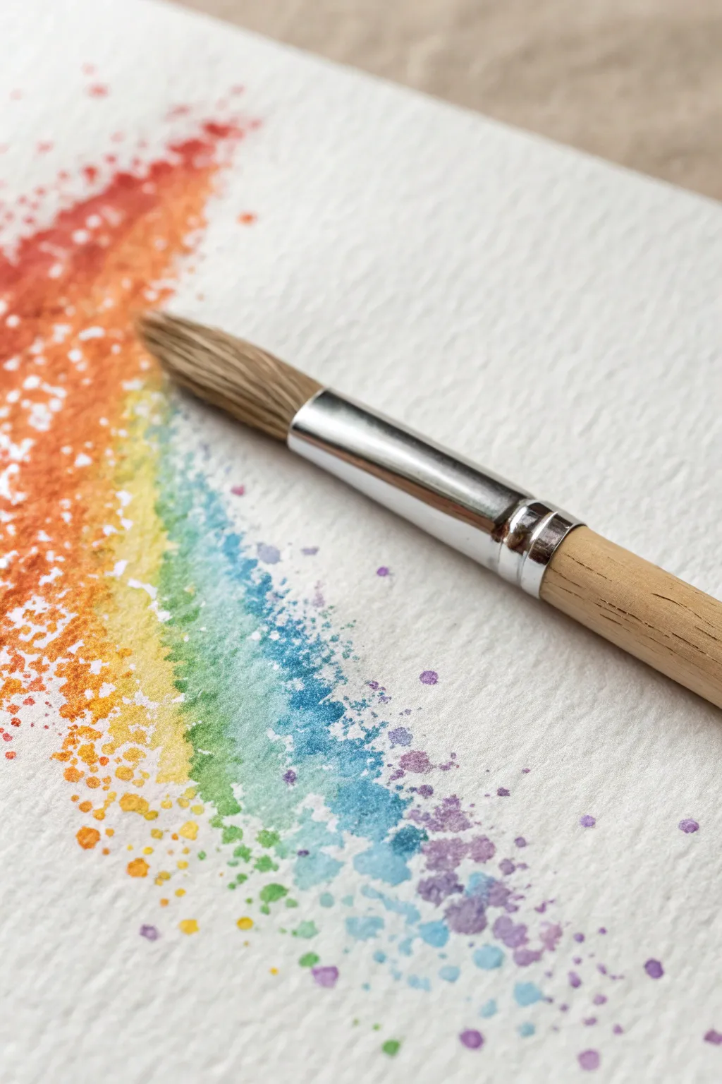 Rainbow burst from a simple paintbrush, easy loose strokes on clean paper for instant joy.