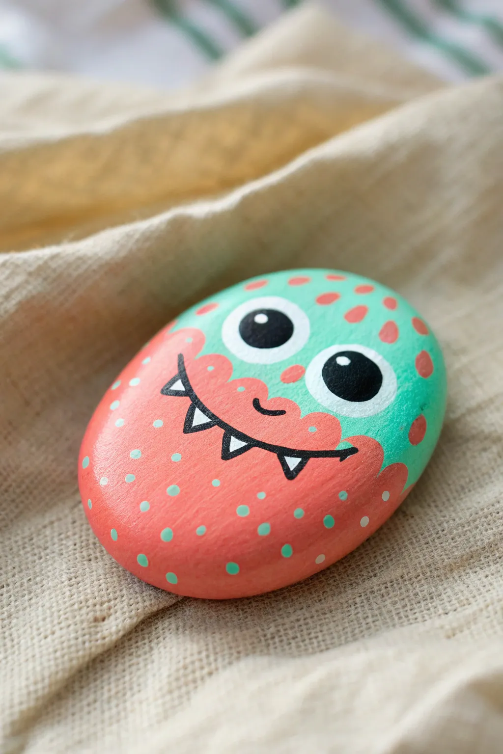 Neon monster rock with big googly eyes and a simple smile, an easy cute rock painting for kids