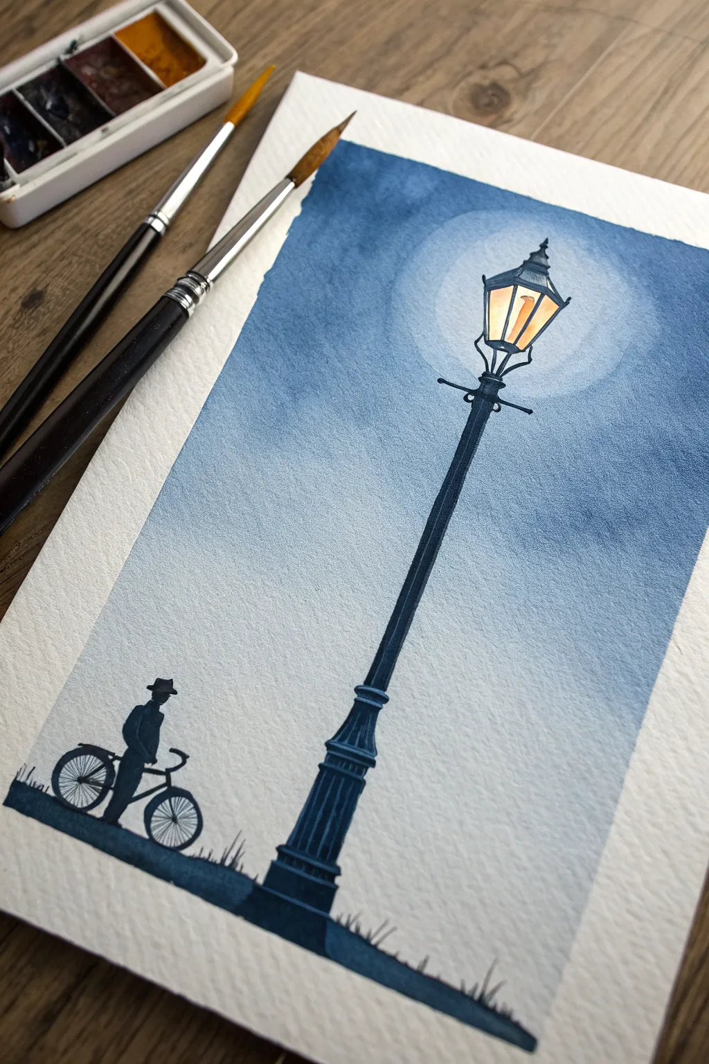 Warm streetlamp glow with one long cast shadow, minimalist and dramatic for easy shadow painting.