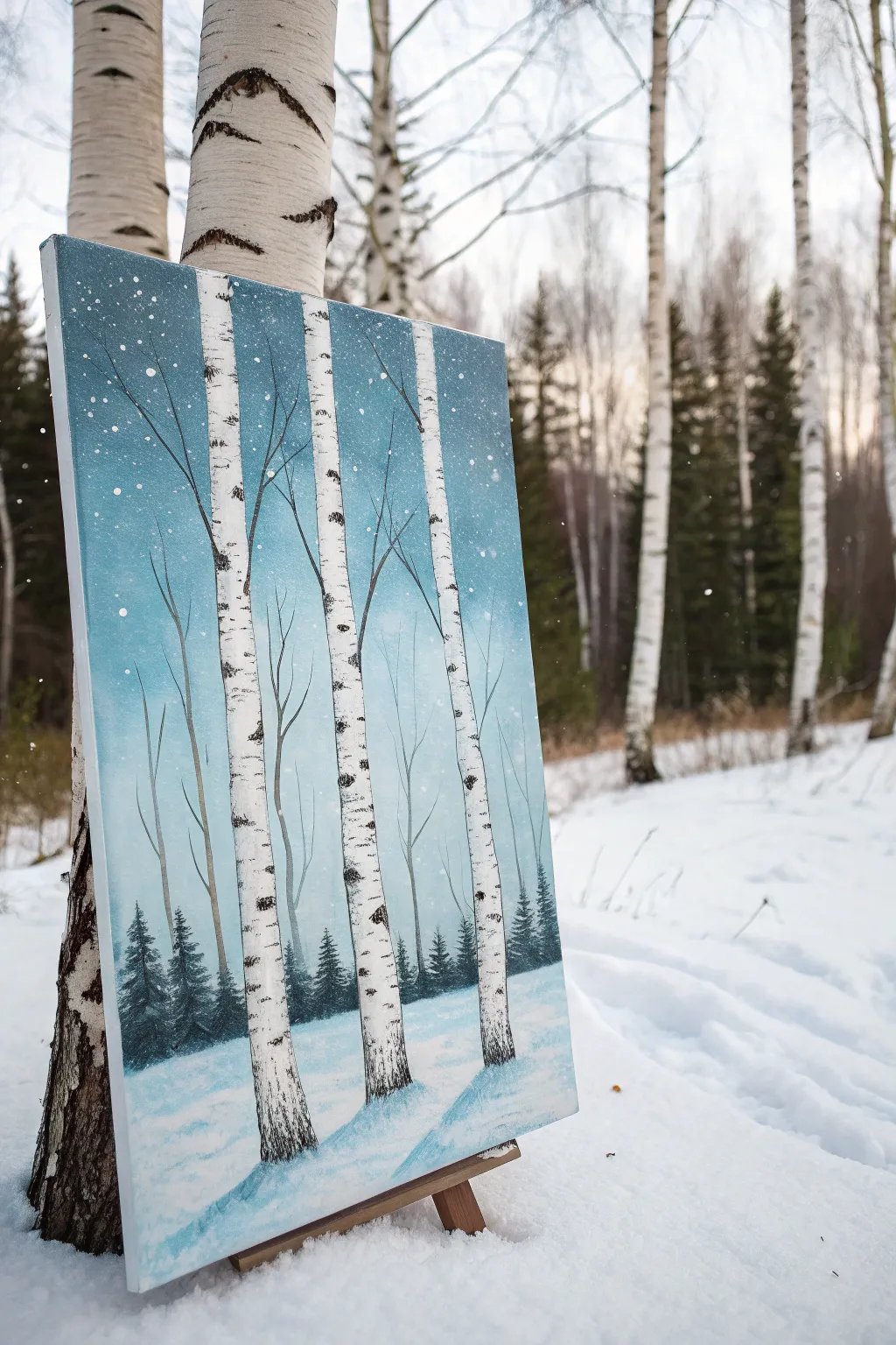 Birch trees on an icy blue winter backdrop with snowy splatter flurries, simple and magical.