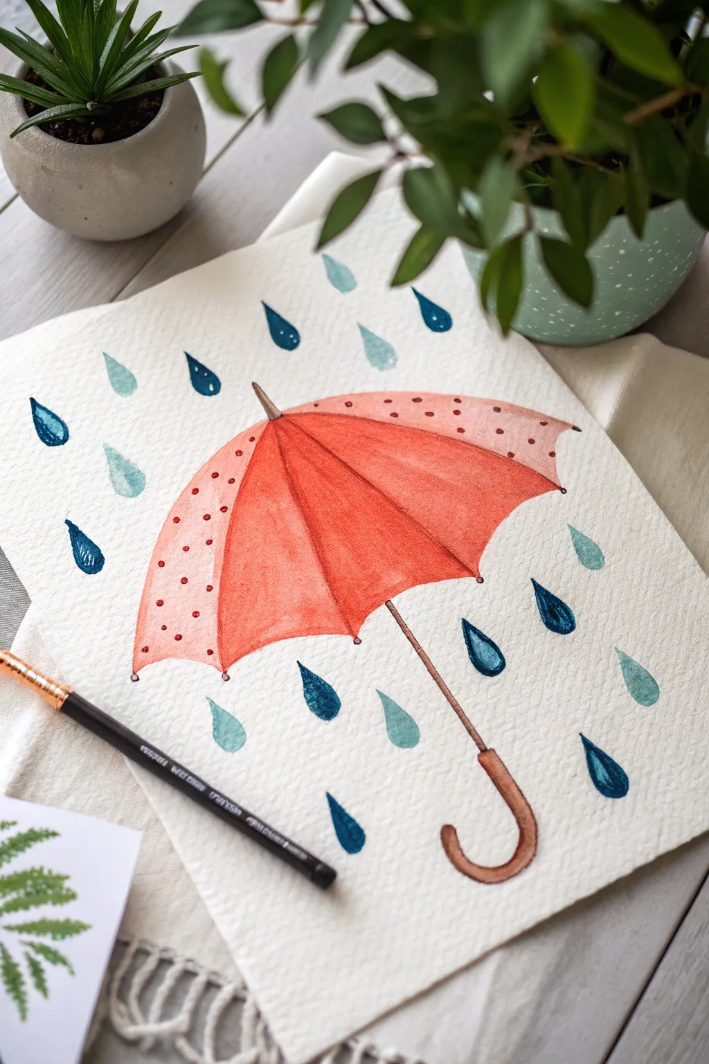 Cheerful coral umbrella with playful raindrop splatter, a minimalist April showers painting idea