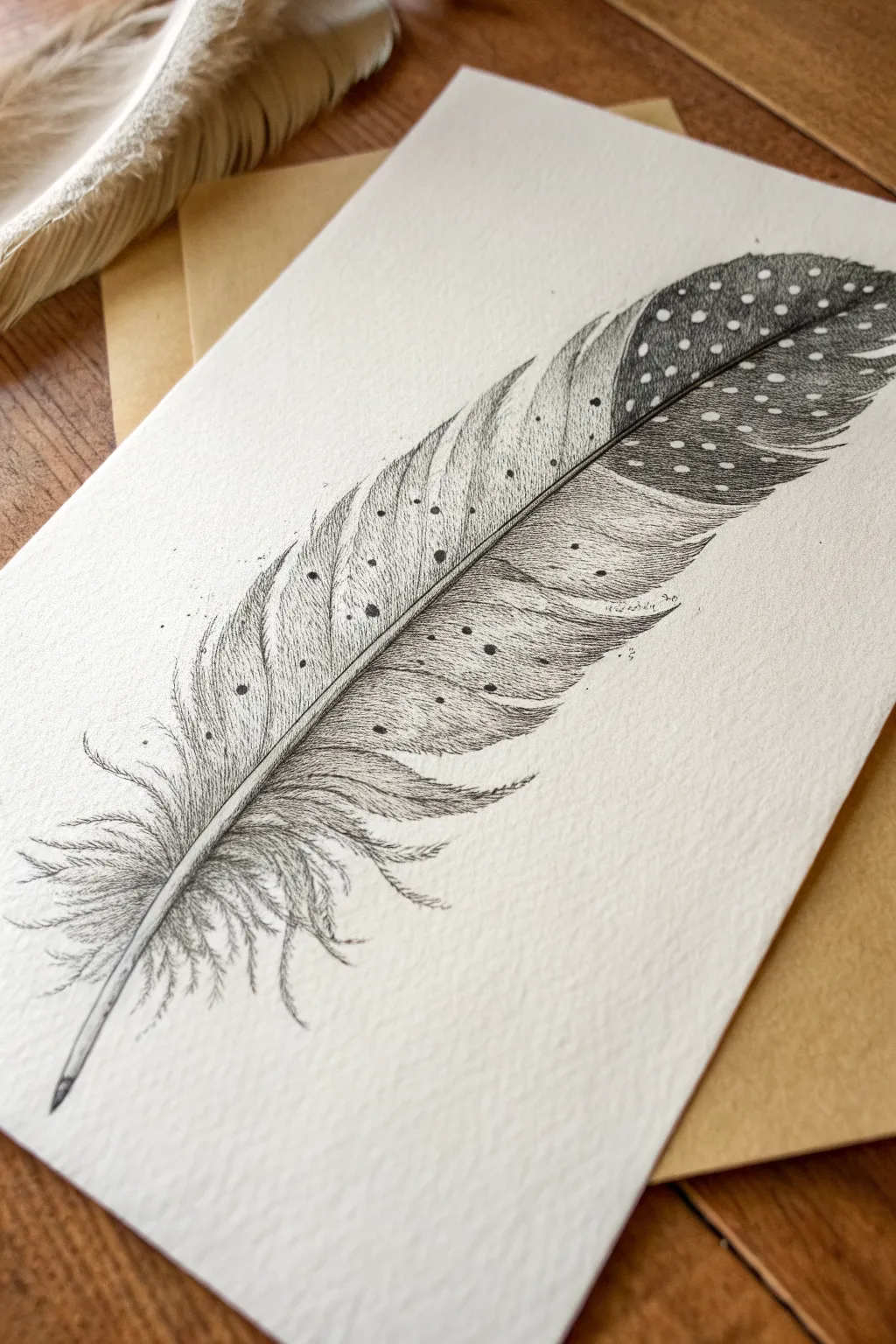 Try a gentle stippled feather fade, dark at the quill and airy dots at the edges.