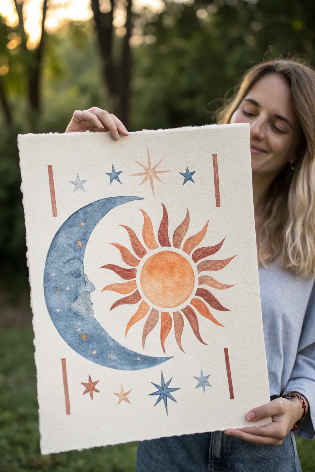 Paint a calm sky: warm sun meets cool crescent moon in a soft minimalist gradient.