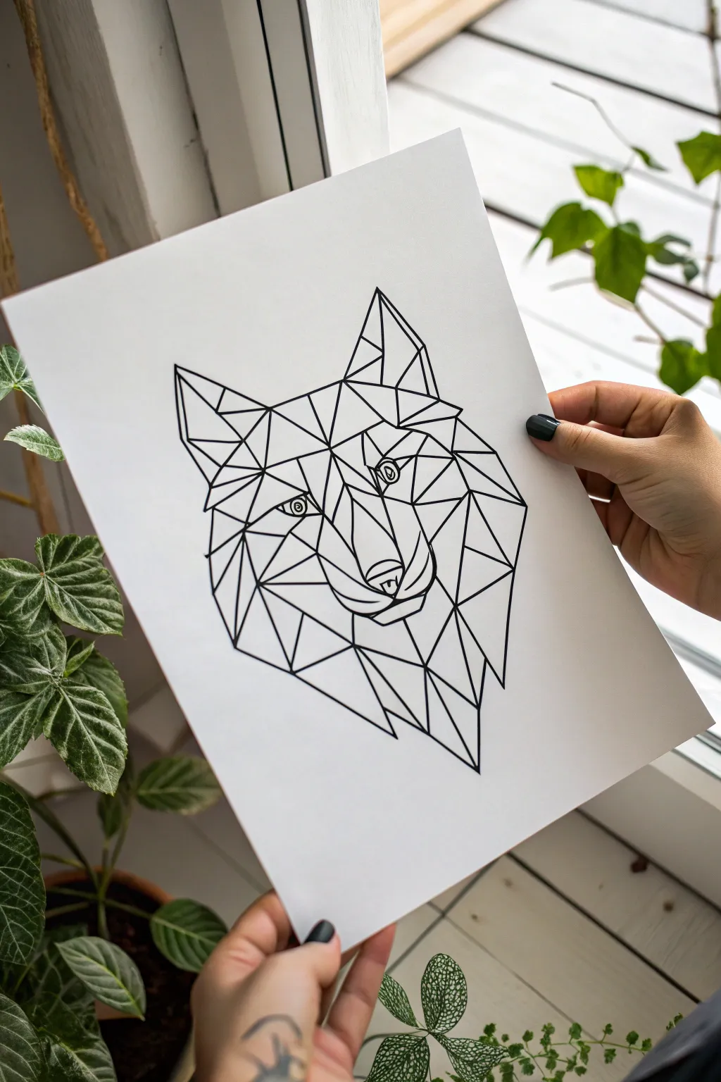 Minimal geometric wolf head tattoo sketch with clean lines, bold contrast, and modern Nordic style