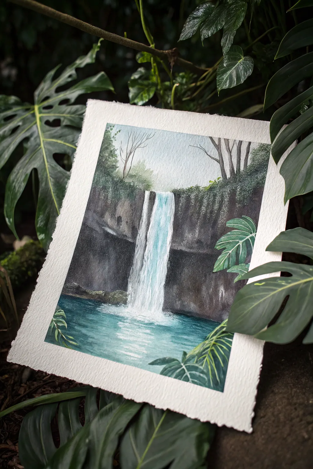 Paint a simple jungle waterfall with bold greens and soft blue-white flow, beginner friendly.