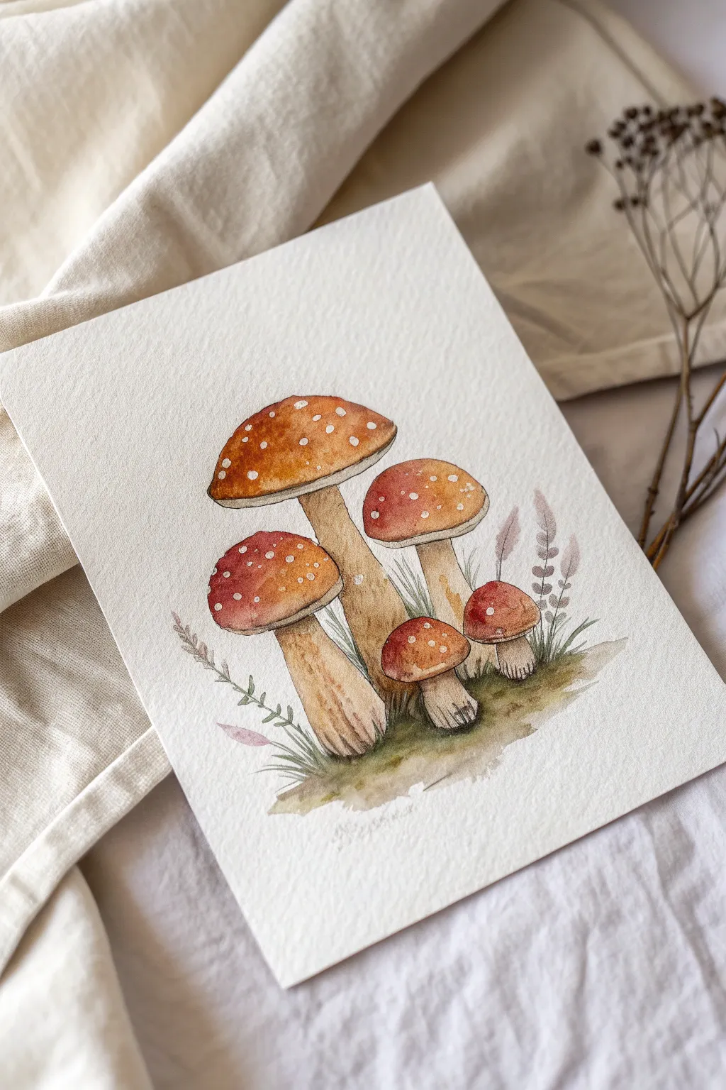 Cute watercolor mushroom cluster with simple caps, warm earthy tones and clean negative space