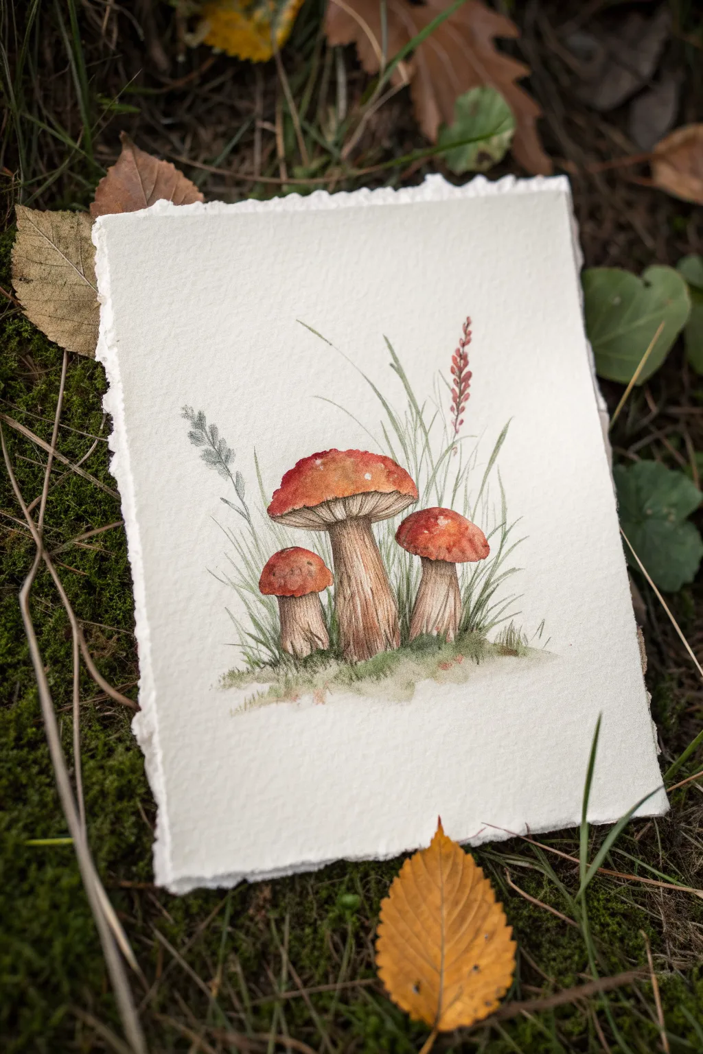 Cozy mushroom cluster in warm watercolor tones, simple shading and a few grass strokes