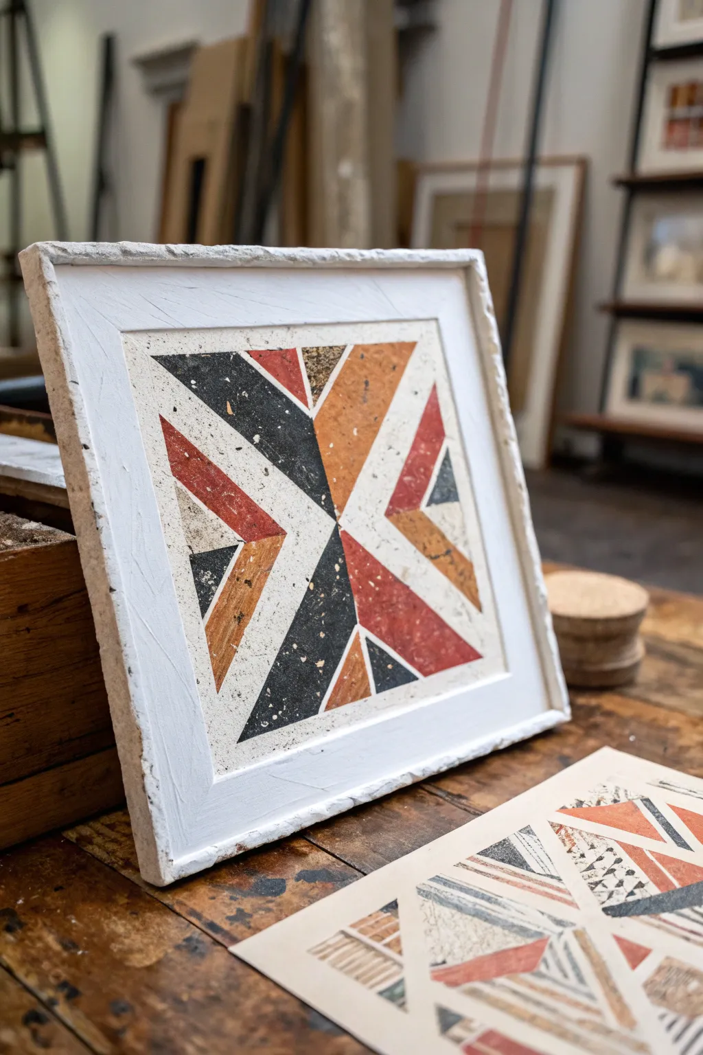 Edgy mixed-media layers: torn paper collage peeking through bold brushstrokes and contrast